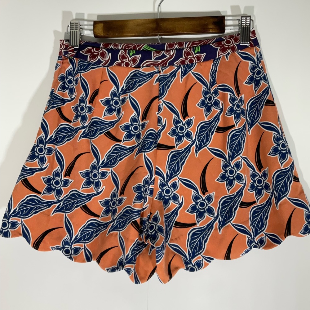 Topshop Floaty Short Orange w/Blue Floral Design Side Zipper Scalloped Hem Sz 4 - Picture 9 of 14